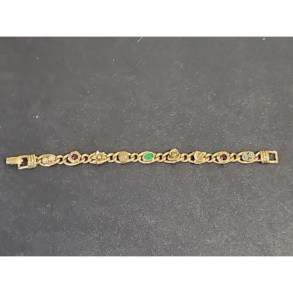 Vintage Goldette NY Gold Tone Charm Bracelet‎ Faux Gem Victorian Revival Signed
